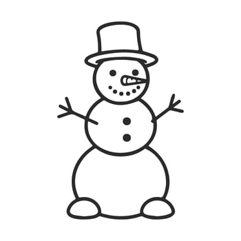 Simple black and white line drawing of a snowman with top hat and carrot nose vector