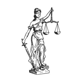 Lady justice holding scales and sword in classical attire vector