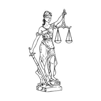 Black and white blindfolded lady justice drawing with scales and sword vector
