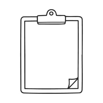 Simple black and white sketch of a clipboard with paper clip and corner fold vector