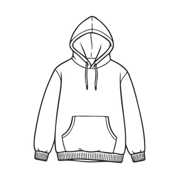 Black and white hoodie outline drawing with pocket and hood vector