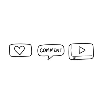 Social media icons like, comment, and play symbols in simple line art vector