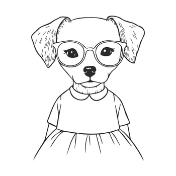 Cartoon dog in glasses and dress black and white vector