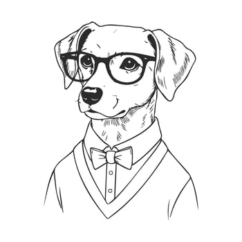 Sophisticated dachshund in glasses and bowtie and whimsical canine portrait sketch vector