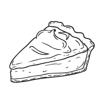 Apple pie slice in black line art with whipped cream topping vector