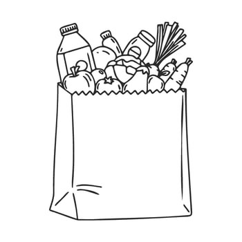drawn grocery bag filled with various food items and beverages vector