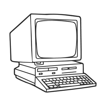 Vintage outline drawing of old computer with keyboard and monitor vector