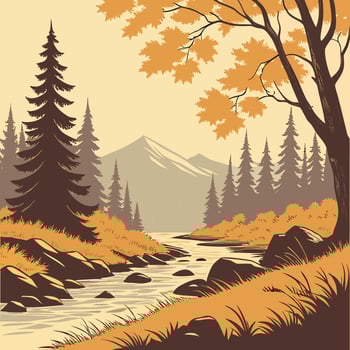 Autumn Stream Through a Mountain Forest With Golden Leaves and Pine Trees vector