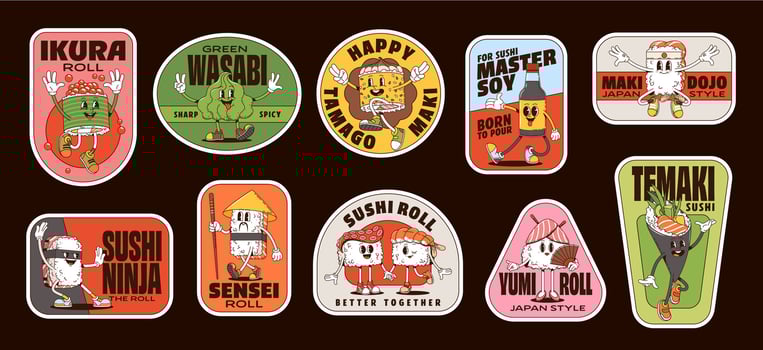 Sushi and roll characters groovy label stickers vector