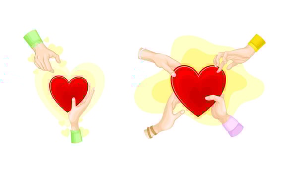Hands with red hearts set. Happy people sharing with love cartoon illustration vector