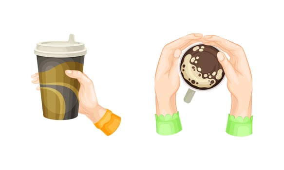 Human hands holding takeaway paper cup and ceramic cup of coffee cartoon illustration vector