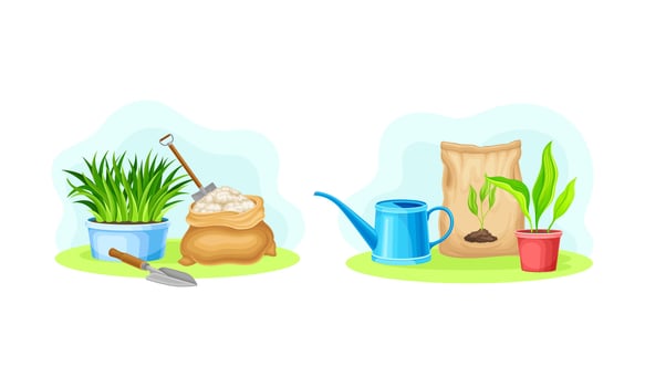 Gardening tools set. Seedlings, fertilizing, watering can, spade agricultural elements illustration vector