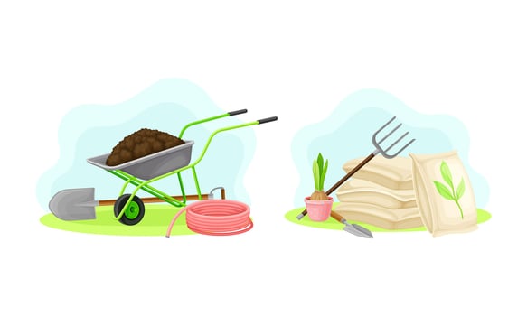Gardening tools set. Wheelbarrow, shovel, seedlings, seed, pitchfork agricultural elements illustration vector