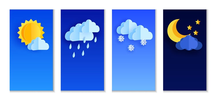 Rainy, snowy and night weather paper cut banners vector
