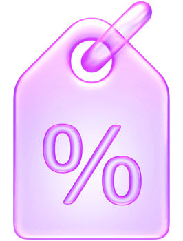 3D discount tag icon in purple translucent glass style, representing sale, offer, promotion, or price reduction png