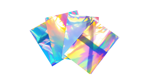 Holographic iridescent sheets, vibrant colors. png