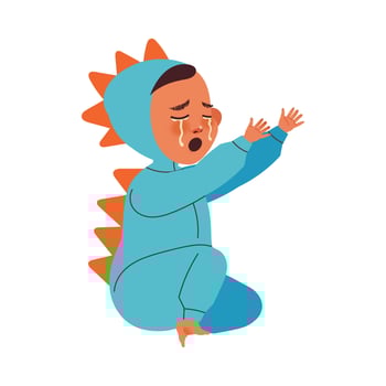 Crying child in dinosaur costume vector
