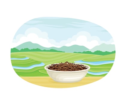 Tea Green Terrace Field Plantation and Dry Fermented Tea Leaves in Bowl for Hot Aromatic Beverage Brewing Illustration vector