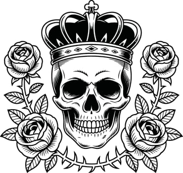 Skull wearing a crown with roses and thorns death vector