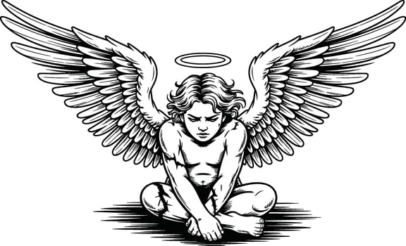 Sad angel with large wings and halo sitting down winged vector
