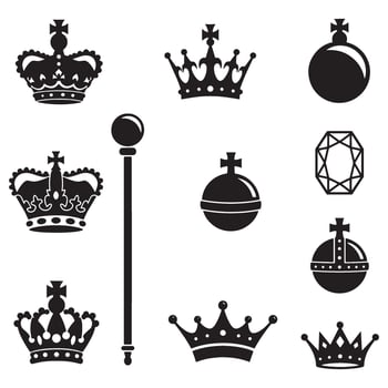 Elegant black and white royal crowns and ornaments silhouettes on white background vector