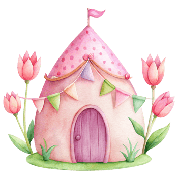 A watercolor illustration of a pink fairy house png