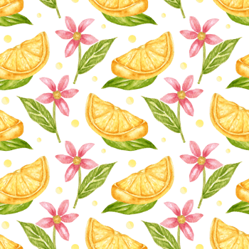 Exotic seamless pattern with blooming lemon fruits. Watercolor background with citrus slices and flowers. Bright print for fabric, kitchen, or wallpaper. png