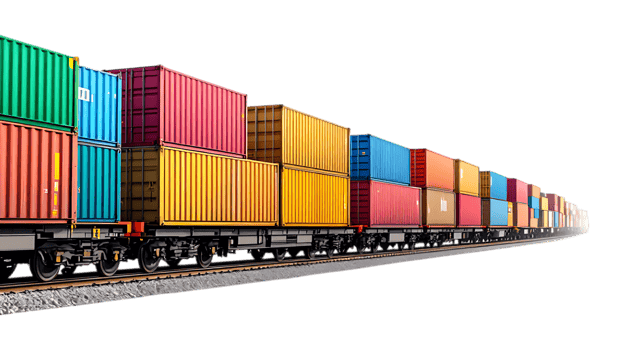 Colorful cargo containers on a freight train. png