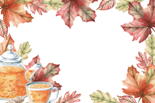 Rectangular frame with teapot and cup with sea buckthorn tea and autumn leaves. Isolated watercolor illustration on the theme of warming drinks for the design of a seasonal menu, culinary blogs. png