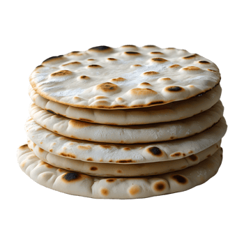 A stack of freshly baked round flatbreads slightly browned png