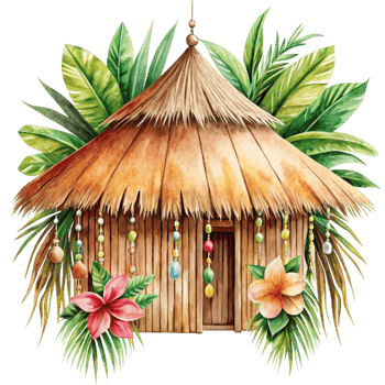 A watercolor painting of a hut with flowers and leaves png