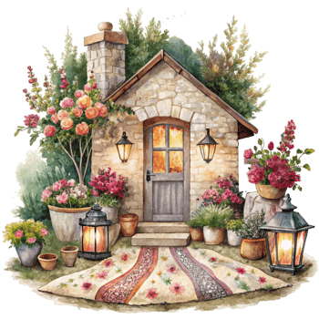 A watercolor painting of a house with flowers and lanterns png