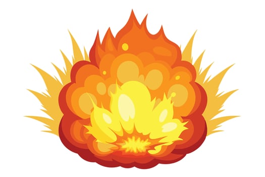 Fiery Cartoon Explosion Illustration Intense Orange and Yellow Flames Bursting with Energy Against a White Background vector