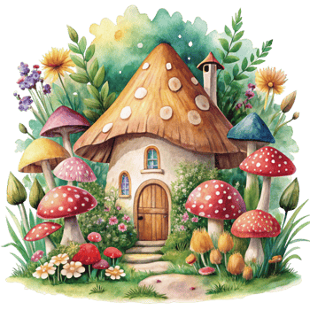 Watercolor illustration of a fairy house with mushrooms png
