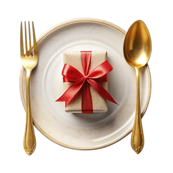 A gift wrapped in red ribbon sits on a plate with gold spoons and forks png