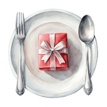 A watercolor painting of a plate with a gift wrapped in red paper png