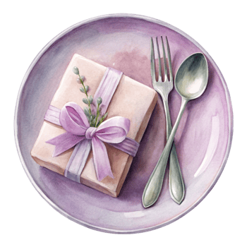 A watercolor painting of a purple plate with a gift and silverware png