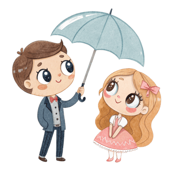 A boy and girl are standing under an umbrella png