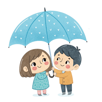 Two children holding an umbrella in the rain png