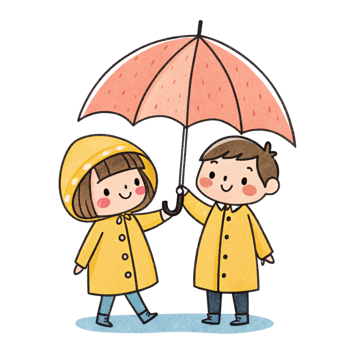Two children in rain coats holding an umbrella png