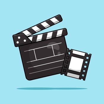 Director producer Clapper board and film roll illustration cartoon suitable used for cinematography concept, idea, movie, film or music vector