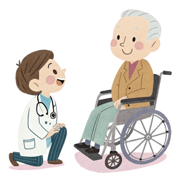 An elderly man in a wheelchair is talking to a doctor png