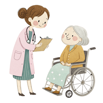 An elderly woman in a wheelchair is talking to a doctor png