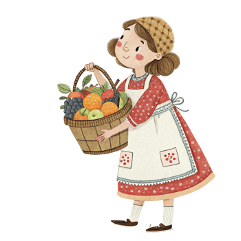 A little girl holding a basket of fruit png