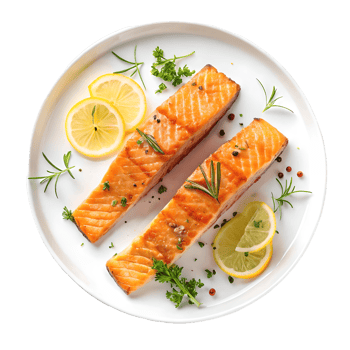 Grilled Salmon Fillets with Lemon, Rosemary, and Parsley on White Plate, Elegant Meal, Healthy Food, Culinary Delights Transparent Background png