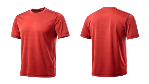 Red Performance TShirt Isolated Front and Back View, Athletic Apparel, Sportswear Mockup, Activewear Fashion, Studio Lighting, Breathable Fabric, Fitness Clothing, Transparent Background png