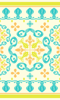 Grand seamless medallion border in teal, gold, coral on cream background. Exquisitely Rich Mediterranean Joyful Vibe Ideal for statement wallpaper, luxury product packaging, tropical fashion garment vector