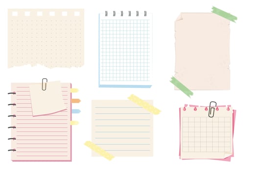 Different note papers, memo pages with paper clip and adhesive tape. Set sticky remind blanks, sheets, stickers. Checklist ripped torn edge paper. vector