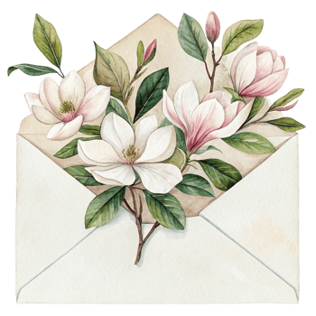 Watercolor illustration of a magnolia flower in an envelope png