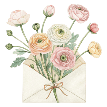 Watercolor illustration of flowers in an envelope png